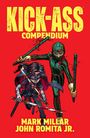 "KICK-ASS COMPENDIUM" oben, "MARK MILLAR JOHN ROMITA JR." unten. Zwei Comic-Figuren in Kostümen mit Waffen.