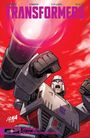 TRANSFORMERS. Volume 6, Decepticons Attack! Ein Roboter mit Kanone vor rotem Hintergrund. Illustration.