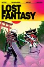 „LOST FANTASY“ in großen schwarzen Buchstaben auf gelbem Hintergrund. Eine Figur mit Schwert steht einem Samurai-Roboter gegenüber.