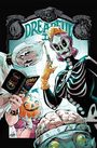 Der Text oben lautet "Dreadful". Es ist eine bunte, gruselige Illustration mit Figuren in Halloween-Kostümen und einem Buch.