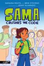 „SAMA CRUSHES THE CODE“. Ein Mädchen mit einem <3-T-Shirt, Rucksack und Laptop, umgeben von fröhlichen Kindern. Ein Graphic Novel.
