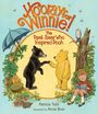 „Hooray for Winnie! The Real Bear Who Inspired Pooh“ steht über Bären, die sich die Hände schütteln, umgeben von Natur.