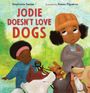 Der Text lautet: "Jodie Doesn't Love Dogs". Zwei Kinder stehen in einem Garten: Eines schaut skeptisch, das andere hält Hunde an der Leine.