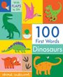 "100 First Words Dinosaurs." Bunte Illustration mit Dinosauriern, Eiern und Pflanzen. "With FLAPS to lift!"