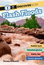 "LEVEL 1 DISCOVER NOW Flash Floods. Helpful facts, Detailed photos, Safety tips, Picture glossary. Teresa Robeson."   
Brauner Schlammfluss vor Bergen.