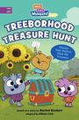 "TREEBORHOOD TREASURE HUNT", "Choose Your Path to Find the Treasure". Illustration: Drei Cartoon-Tiere, Schatztruhe, Sonnenblumen.