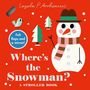 "Where’s the Snowman? A Stroller Book" Text auf rotem Hintergrund. Schneemann mit Mütze und Schal, Vogel, Bäume.