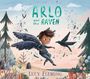 Titel: "Arlo and the Raven." Ein Kind mit Flügeln fliegt mit einem Raben in einer bunten, fantasievollen Landschaft.