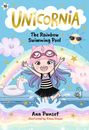 „UNICORNIA", "The Rainbow Swimming Pool", Ana Punset, Illustration von Diana Vicedo. Fröhliches Mädchen im Pool vor Regenbogen.