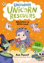"Unicornia Unicorn Rescuers: Adventure in Witch Land". Illustration: Mädchen, Buch, Einhörner, Hexe, orange Hintergrund.