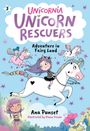 Titel: "Unicornia Unicorn Rescuers: Adventure in Fairy Land". Illustrationsstil: Verspielte Mädchen auf Einhörnern.