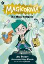 "Magicornia: The Magic Compass" oben, darunter ein fröhlicher Junge mit grünen Haaren, ein fliegendes Einhorn und ein Rucksack.