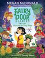 „Fairy Door Diaries: Eliza and the Fairy Double“. Buntes Märchenillustration mit Elfen und einem Mädchen in einer Waldlandschaft.