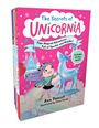 The Secrets of Unicornia. Ein Mädchen und ein blaues Einhorn stehen vor einem märchenhaften Hintergrund.