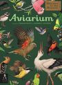 Text: "Welcome to the Museum", "Aviarium", "Curated by Teagan White and Dominic Couzens". Illustration mit bunten Vögeln.