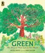 Aufschrift: "GREEN: The Story of Plant Life on Our Planet" von Nicola Davies, illustriert von Emily Sutton. Illustration großer Baum.