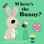 „Where’s the Bunny? A Stroller Book“ steht oben. Ein Hase sitzt links, daneben eine Biene und Blumen.