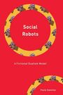 "Social Robots", "A Fictional Dualism Model", Paula Sweeney. Roter Hintergrund, runde Muster mit Robotern.