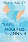 "PHONG NGUYEN, THE THREE DAUGHTERS OF ANNAM, a novel. Gesichter vor blauem Hintergrund, melancholische Stimmung."