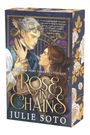 „ROSE IN CHAINS“ von Julie Soto. Illustration mit Mann und Frau vor floralen Mustern.