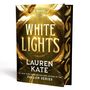 Titel: WHITE LIGHTS. Autorin: Lauren Kate. Goldene Federn auf dunkelgoldenem Hintergrund.