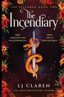 "The Incendiary" und weitere Texte; Schwert mit Schlange umwickelt, umgeben von roten und orangefarbenen Blumen.