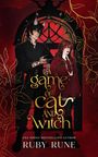 "A game of cat and witch" in geschwungener Schrift. Illustration: Zwei Personen vor einem roten Fenster, goldene Blätter.
