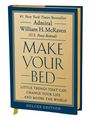 Text: "#1 New York Times Bestseller Admiral William H. McRaven (U.S. Navy Retired) MAKE YOUR BED Deluxe Edition." Buch mit blau-gelbem Cover.