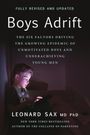 "Boys Adrift" oben, ein Junge sitzt auf einer Treppe mit einem digitalen Gerät, beleuchtet von dessen Licht.