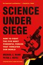 "SCIENCE UNDER SIEGE" in großen Buchstaben, roter Hintergrund, schwarzes Mikroskop, flammende Kante am unteren Rand.