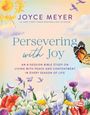 "Persevering with Joy" von Joyce Meyer, Bibelstudium über Frieden. Illustration mit Sonne, Blumen, Schmetterling und Vögeln.