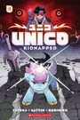 "UNICO KIDNAPPED" in großen Buchstaben. Illustration: Ein kleines Einhorn mit rosa Mähne steht entschlossen auf einem zerbrochenen Boden. Im Hintergrund eine bedrohliche Gestalt.