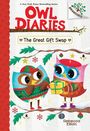 Text: "Owl Diaries", "The Great Gift Swap", "Rebecca Elliott". Zwei bunte Eulen im Winter mit einem Geschenk. Illustratorisch.