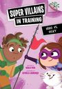 Text: "Super Villains in Training", "Hero vs. Vicky", "Written by Kailie Pew", "Illustrated by Estrela Lourenço". Zwei Kinder in Kostümen.
