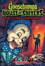 "Goosebumps House of Shivers: How to Train Your Dummy." Ein grinsender Dummy im Vordergrund, Blitz im Hintergrund.