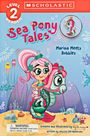 Titel: "Sea Pony Tales: Marina Meets Bubbles". Illustration mit Mädchen und Seepferdchen in bunter Unterwasserwelt.
