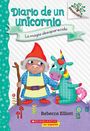 Text: "Diario de un unicornio", "La magia desaparecida", "Rebecca Elliott". Illustration eines Gnoms mit einem bunten Einhorn.
