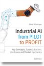 Text: "Industrial AI from PILOT to PROFIT" von Boris Scharinger. Illustration: Roboterarm mit Netzwerkdiagramm.