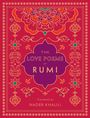 "THE LOVE POEMS OF RUMI" steht in der Mitte. Ein florales, orientalisches Design in Rot- und Goldtönen ziert den Hintergrund.