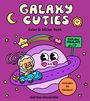„GALAXY CUTIES“, ein Mal- und Stickerbuch. Illustration eines Planeten mit Gesicht. Ein Hund fährt im Auto.