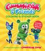 Text: "Gummibär & Friends", "COLORING & STICKER BOOK", "Includes Over 100 Stickers!". Drei bunte Cartoon-Charaktere vorne.
