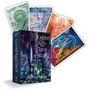 "Crystal Keys Tarot" steht auf einer Schachtel. Vier farbige Tarotkarten sind dargestellt.