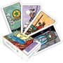 "The Mini Weiser Tarot" auf einer Kartenbox. Fünf Tarotkarten mit bunten Illustrationen, zeigen Figuren und Symbole.