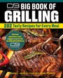 "BIG BOOK OF GRILLING: 202 Tasty Recipes for Every Meal." Gegrilltes Fleisch auf rostigem Grill mit Grillzange.