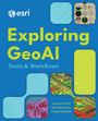 "Exploring GeoAI: Tools & Workflows" steht in großer gelber Schrift auf blauem Hintergrund. Bunt gemusterte Formen drumherum.
