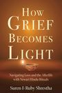 „How Grief Becomes Light“ steht über einer brennenden Öllampe, die warmes Licht verbreitet. Darunter die Autoren: Suren & Ruby Shrestha.