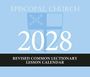Text: "Episcopal Church 2028, Revised Common Lectionary Lesson Calendar". Hellblauer Hintergrund mit Wappen-Illustration.