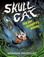 "Skull Cat and the Vampire's Amulet" und "Norman Shurtliff". Illustration einer Katze, die in einem Wald stürzt.