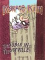 "Karate Kim: Trouble in Trottville" von Jean Lacombe. Eine maskierte Maus in Karate-Pose springt zwischen Gebäuden.