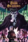 "Curse of Dark Shadows" steht oben. Eine düstere, gotische Szene mit einem großen Hauptcharakter und vier Personen vor einem Schloss.